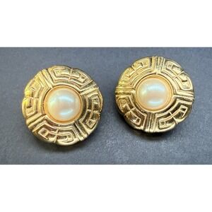 Vintage Givenchy Round Faux Pearl GG Logo Clip-On Earrings Gold Plated